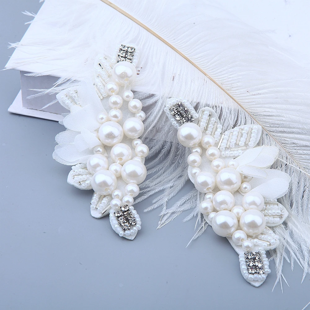 Patches 2 Pcs Pearl Beaded Applique Chiffon Leaves Corsage Collar Patch For Wedding Dress Shoulder Flowers Applique Patches