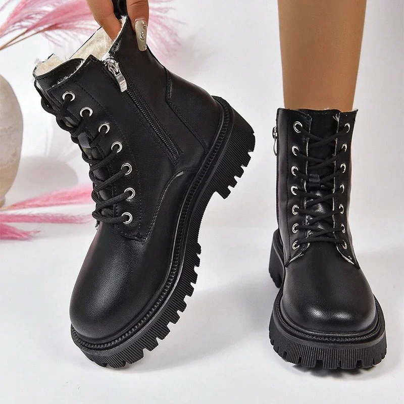 Stiefeletten für Damen, Winter 2025, Schnürung, Pu-Leder, Motorrad, Damen, Übergröße, kurze Stiefeletten, Schuhe, dick, warm, lang, Plüsch