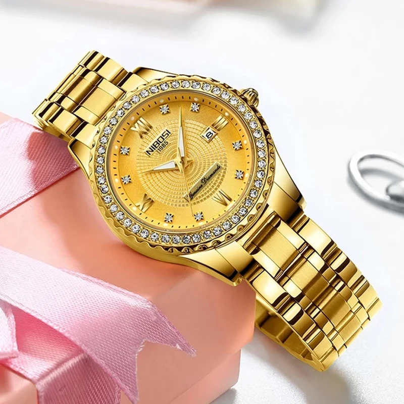 Nibosi Marke Luxus Gold Quarzuhr für Frauen Edelstahl wasserdicht Datum Mode Diamant Damen uhren Relogio Feminino