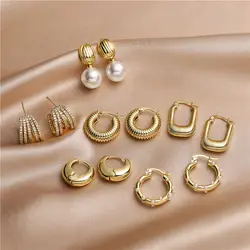 18K Gold Plated Brass Fashion Thick Round Circle Threads Textured Pearl Hoop Earrings for Women High Quality Jewelry