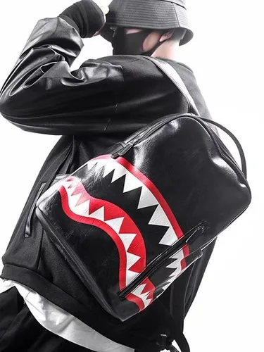 Imagen 2 del producto Mochila JIAERDI de tiburón negra a la moda, mochila de cuero con estampado de dibujos animados para hombre, mochila de gran capacidad para mujer, bolso escolar único y fresco para estudiantes