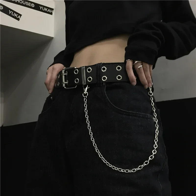 Sabuk Wanita Trendi Model Cincin Ganda dengan Lubang Ganda, Gesper Kulit, Gaya Punk, Sabuk Pin, untuk Gaun Santai, Jeans, Gothic, Ikat Pinggang