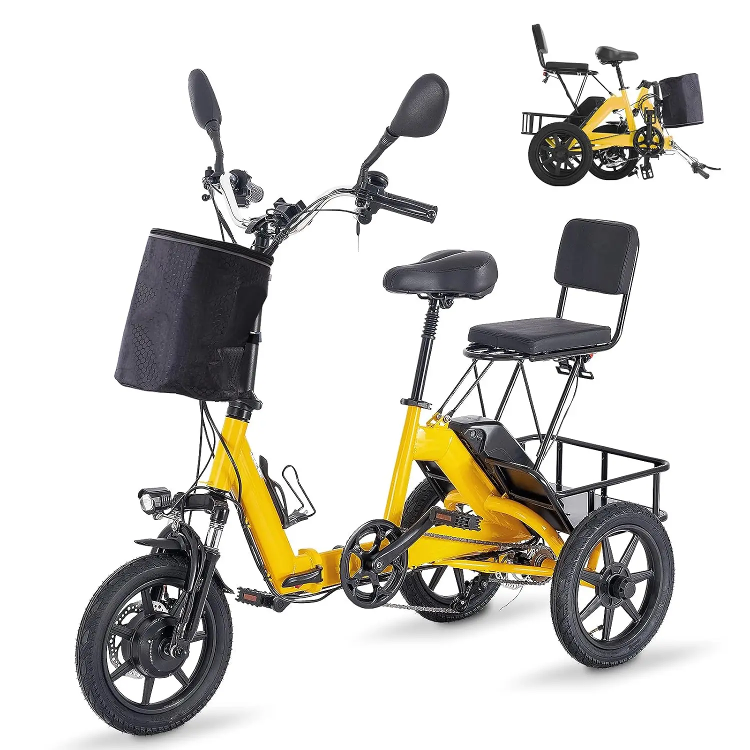 500W Folding Electric Tricycle, Step-Thru 3 Wheel Bike, 480Wh Battery, Dual Baskets, 2 Seats for Adults Shopping, Customized