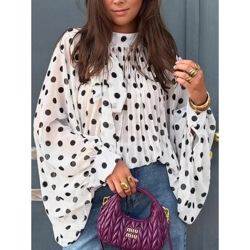 

BKQU Elegant Retro Polka Dot Lace Up Shirt Women Loose Long Lantern Sleeve Ruched Lady Blouse Daily Commute Top 2026 Spring