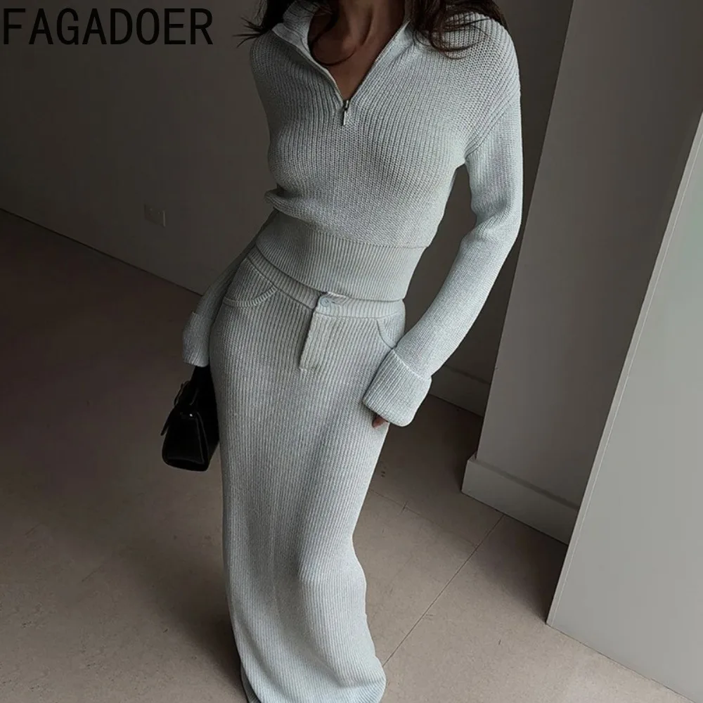 FAGADOER Fashion Knitted Zipper Patchwork Long Sleeve Crop Sweater Tops and Basic Mini Skirt Women Two Piece Set Winter 2025 New