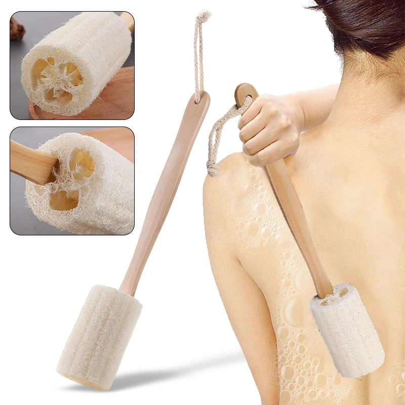 Doğal peeling lif kabağı banyo fırçası lif kabağı sünger uzun ahşap saplı vücut kesesi arka fırça cilt bakımı erkekler & kadınlar için