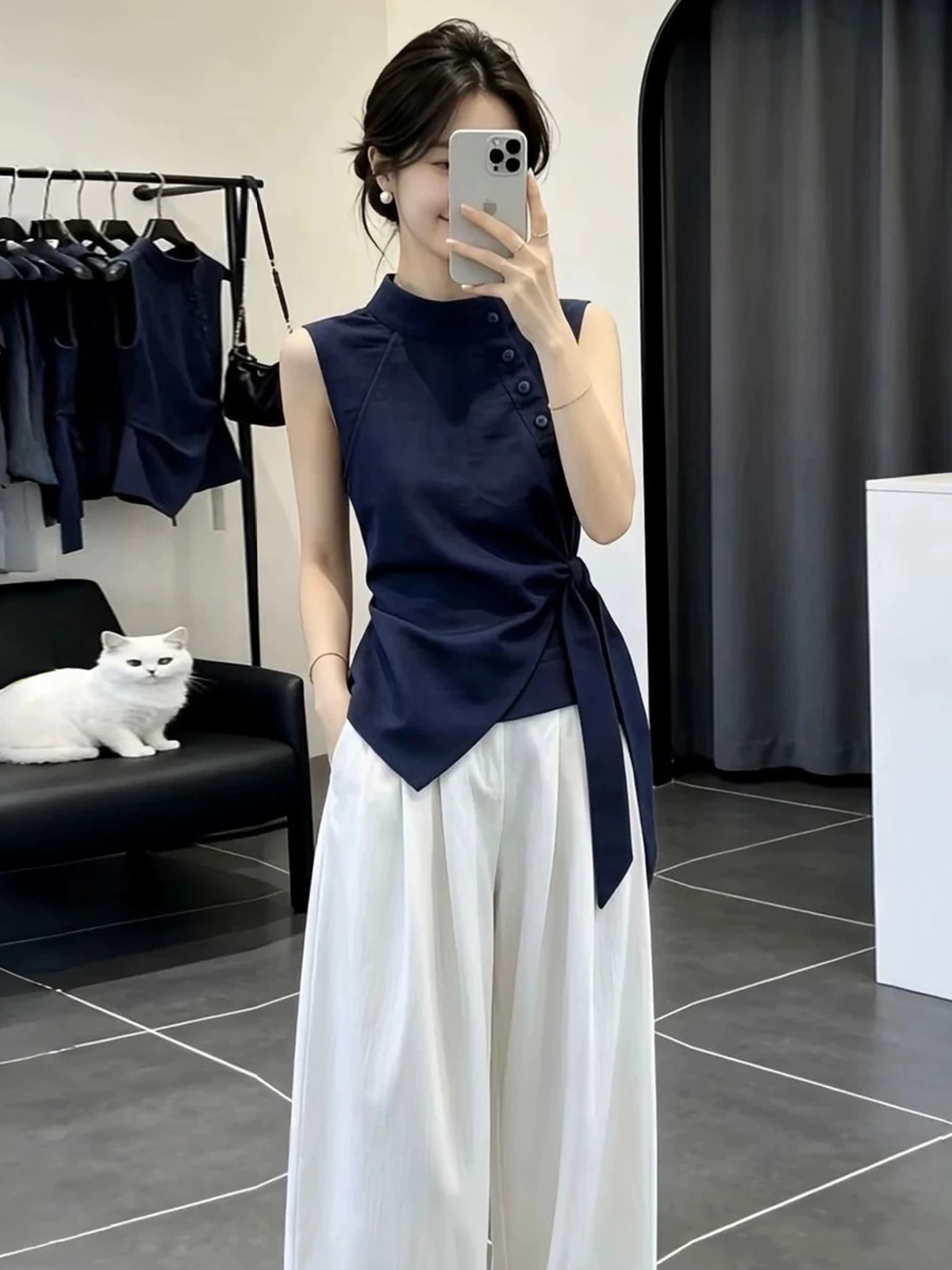 

Slim Fit Tie Dye Stand Collar Sleeveless Shirt Women's Summer Hot Girl Casual Style Sweet And Spicy Top