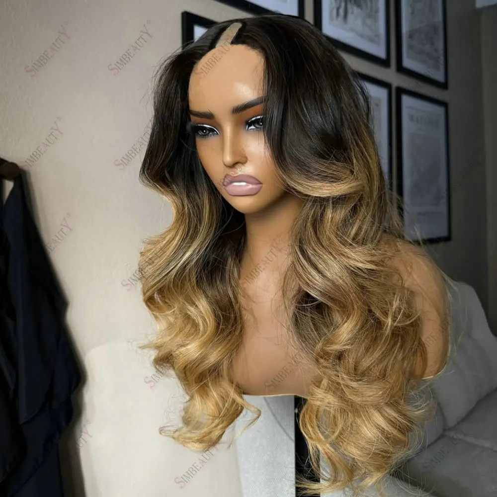 Black Roots Ombre Honigblond 1X4 Größe U-Part-Perücken Remy Echthaar Body Wave Verstellbare Klebefreie V-Form Vollmaschinell Gefertigte Perücken – Detail 1