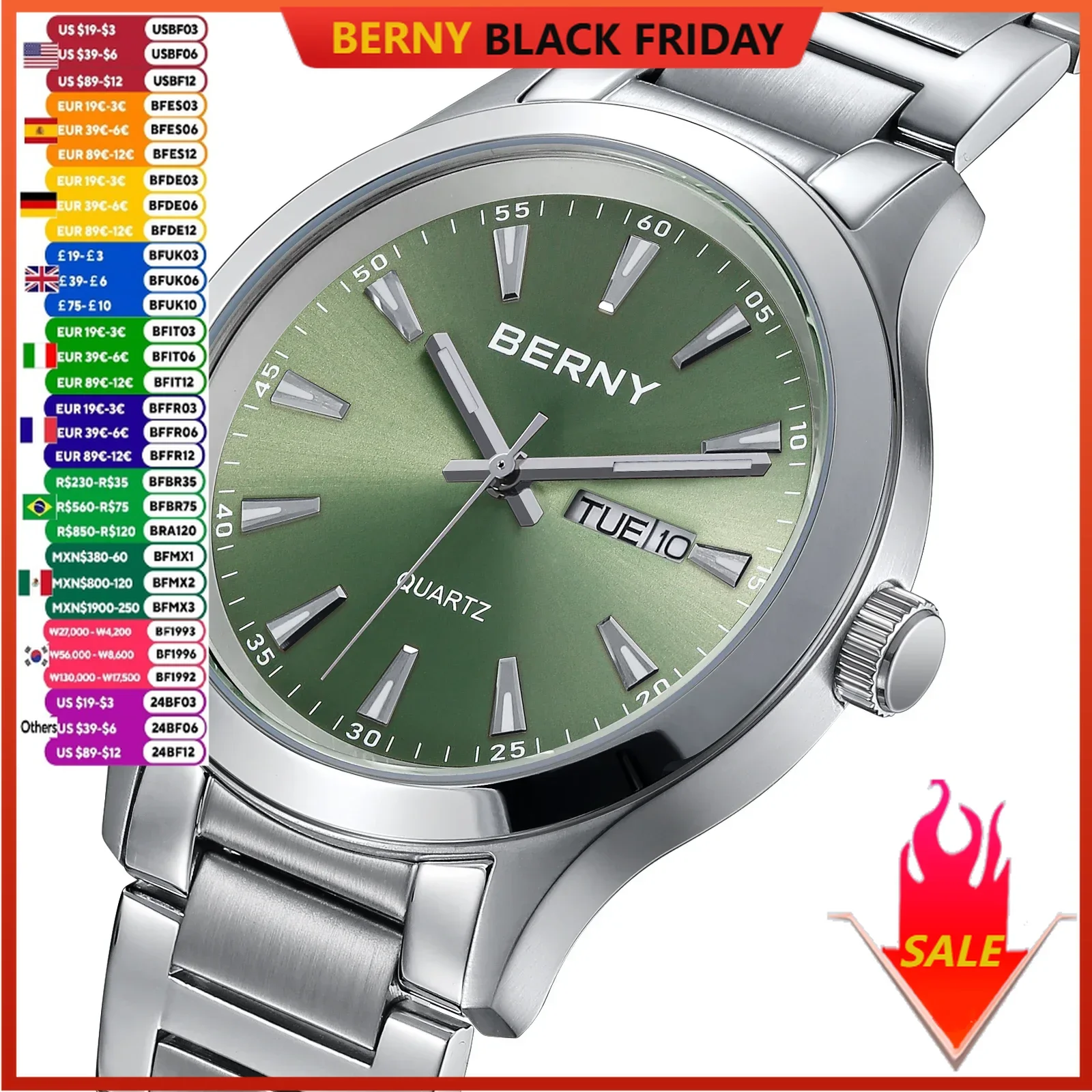 BERNY Men's Watches Week Date 40mm Quartz Wristwatch Full Stainless Steel Fashion Dress Business Sports Elegant Men's Watch