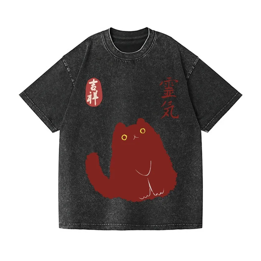 

Vintage Lucky Black Cat Japanese Design Wash T-Shirt Fashion Pure Cotton Harajuku Tees Oversized Holiday Kpop Korean Style Tunic