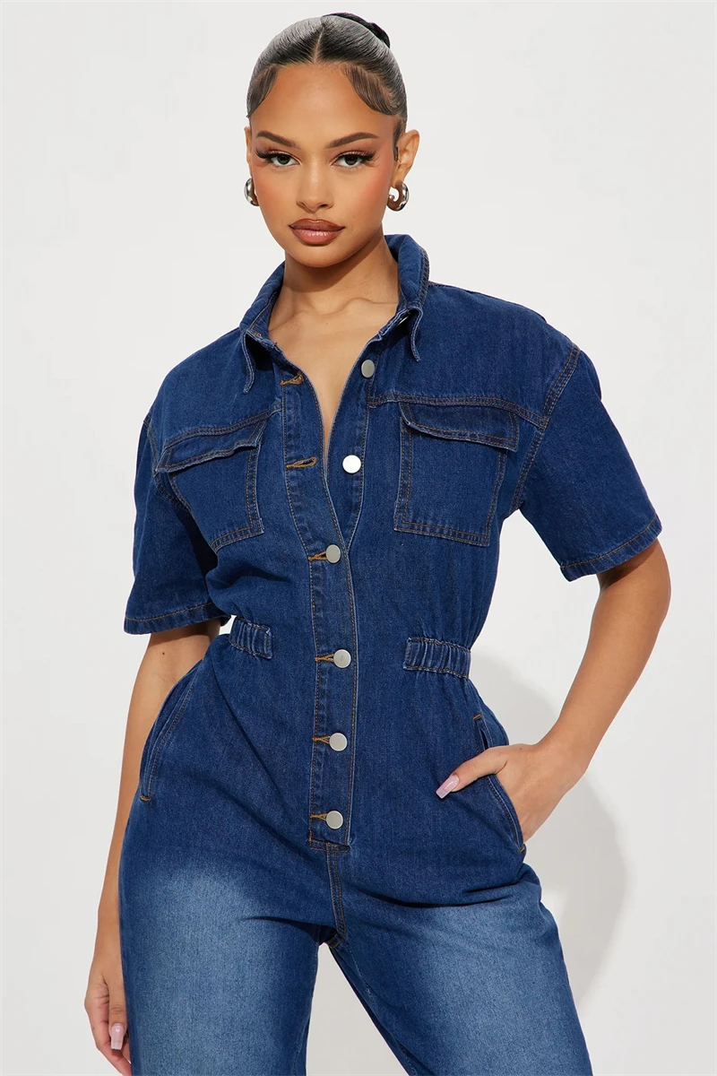 

Streetwear Denim Jumpsuits Spring Clothing Women 2026 Short Sleeve Straight Jeans Rompers Playsuits One Pieces Overalls Outfits