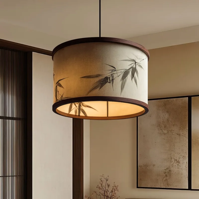 Bamboo Rotundity Leaf Ink Painting Fabric Pendant Lights Bedroom Tea Room Study Dining Table Zen Retro Aesthetics Hanging Lamps