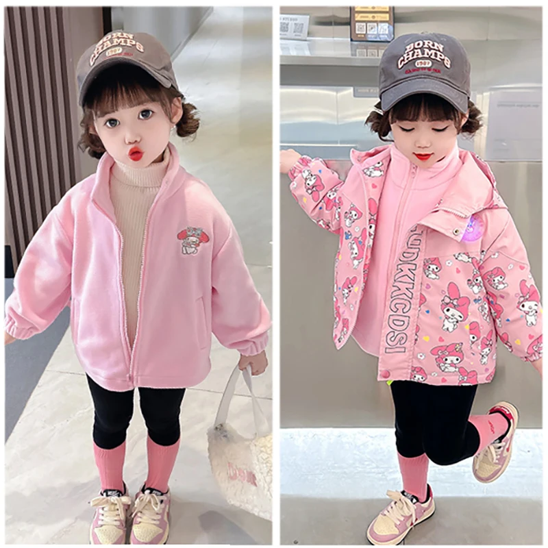 Sanurgente-Sweat à capuche chaud pour filles, veste en coton 3 en 1, ensemble 2 pièces, sweat-shirt d'extérieur, coupe-vent d'extérieur, Kuromi My Melody, hiver