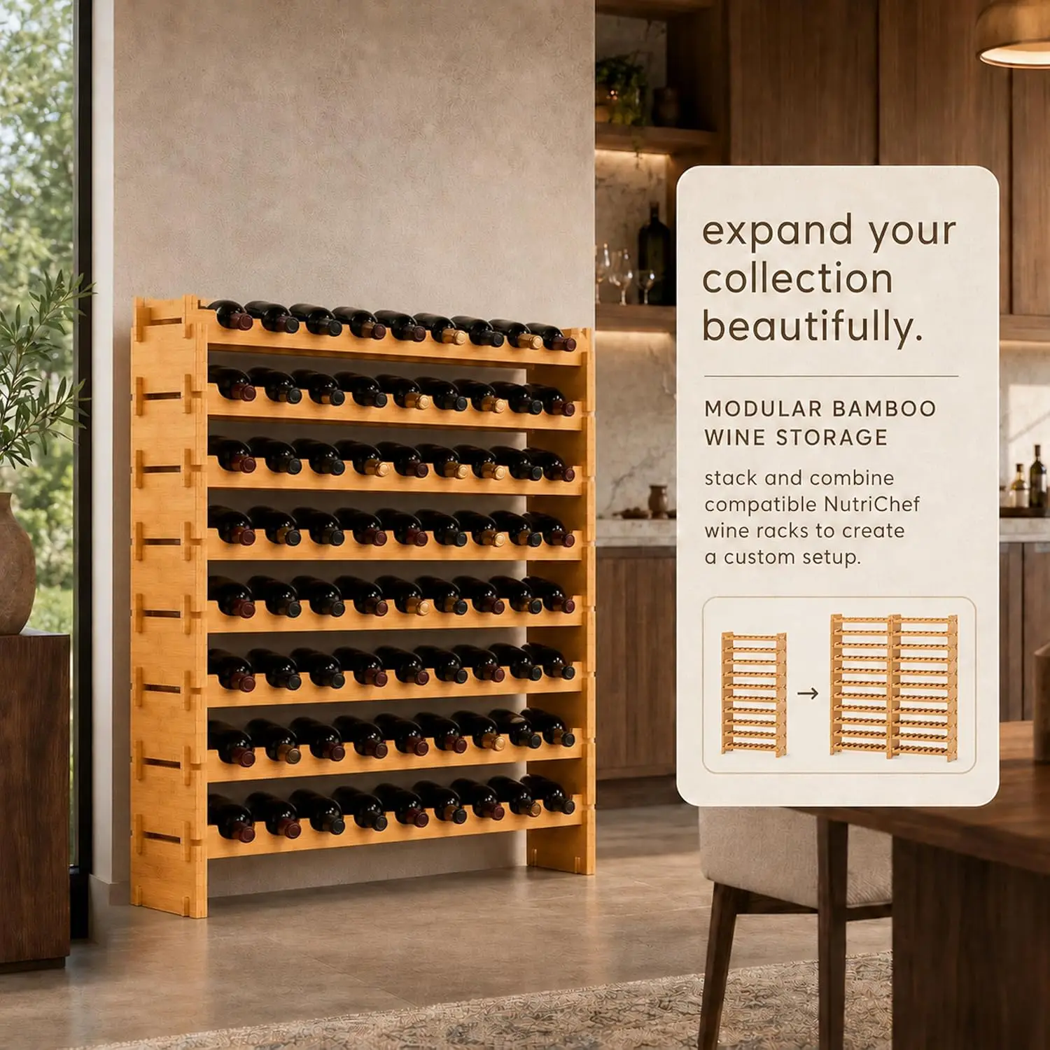 72 Bottle Wine Rack Stackable Bamboo Freestanding, 8-Tier Modular Shelf, Sturdy Wobble Free, Upgraded 2026 Design, Easy