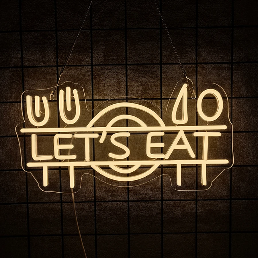USB Let's Eat LED Neon Sign Wall Decor, Knife Fork Plate Lets Eat Neon Light for Restaurant Bar Dining Room Party Decoration ﻿