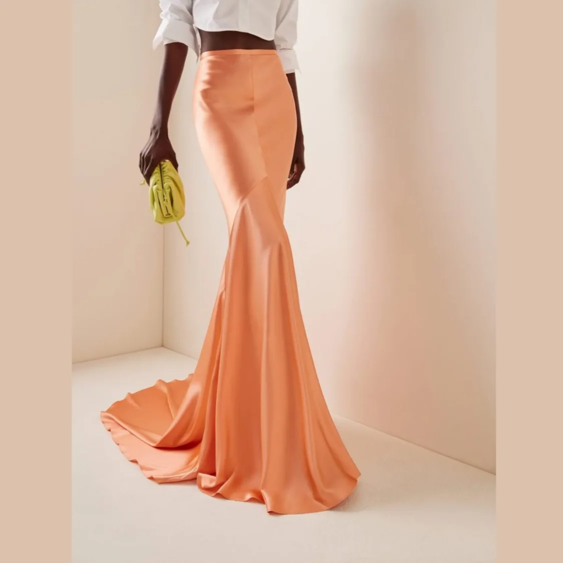 High End Hot Orange Long Women Satin Skirts To Event Party Handmade Female Maxi Skirt Zipper Waistband Female Bottom