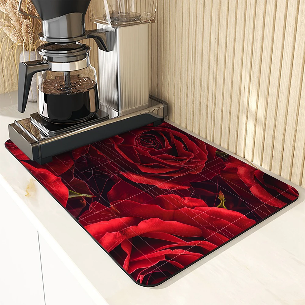 Coffee Mat Flower Rose Absorbent Draining Dish Drying Mat Dry Bathroom Tableware Hide Stain Rubber Backed Absorbent Mat