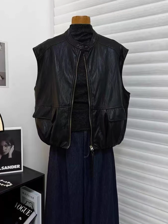 

plus Size Women's PU Leather Vest Jacket Loose Outerwear Autumn Winter Fashion Retro Hong Kong Style 2300 Pounds Outerwear