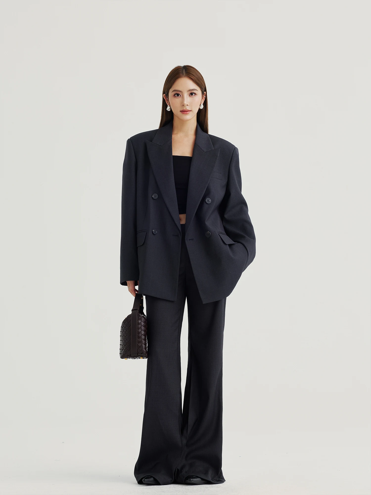 

NEVA HU Lady Gentleman Style Suit Coat Women's Double-Breasted High-End Feelings Pants Set Long Sleeve Pure Color Commute