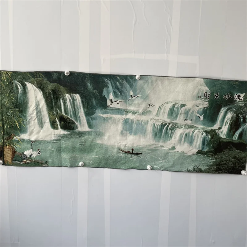 Chinese Old Color Brocade Embroidery Landscape Painting 'Money Flows in like a River' Decorative Artwork for Home