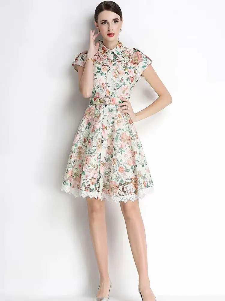 

Women's Quality Hollow out Lace Embroidery Prom Dress Short Sleeve Slim High Waist French Vintage Floral Mini Party Vestidos