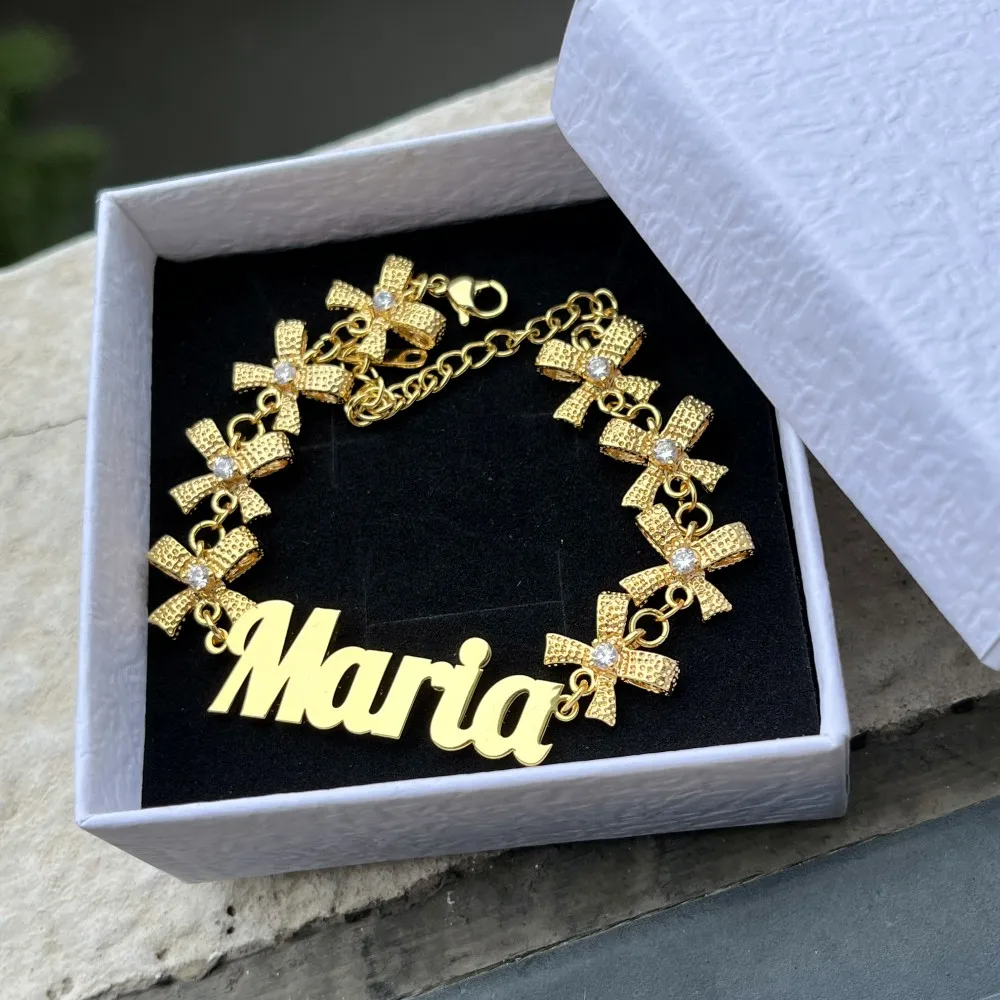 DUOYING Custom Bowknot Bracelet Personalized Cubic Zircon Charms Chain Letter Bangles Butterfly Pendant Jewelry Gift For Girls