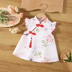 Summer New Girls Hand-Painted Style Chinese Painting Lotus Tight Button Small Flying Sleeve Sweet Princess Dress Birthday Party