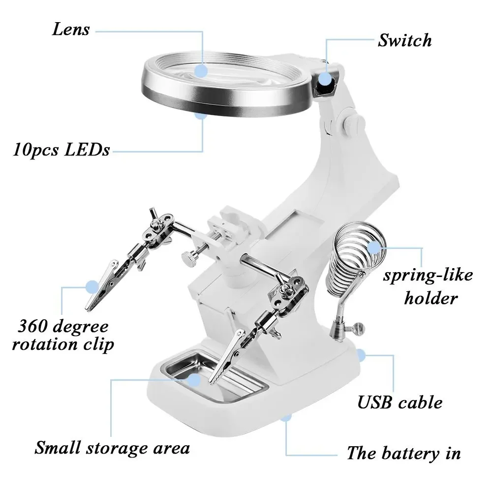 Protable LED Illuminated Desktop Magnifier Helping Hand Auxiliary Clamp Alligator Clip Stand 10 LED Lights Magnifying Glass