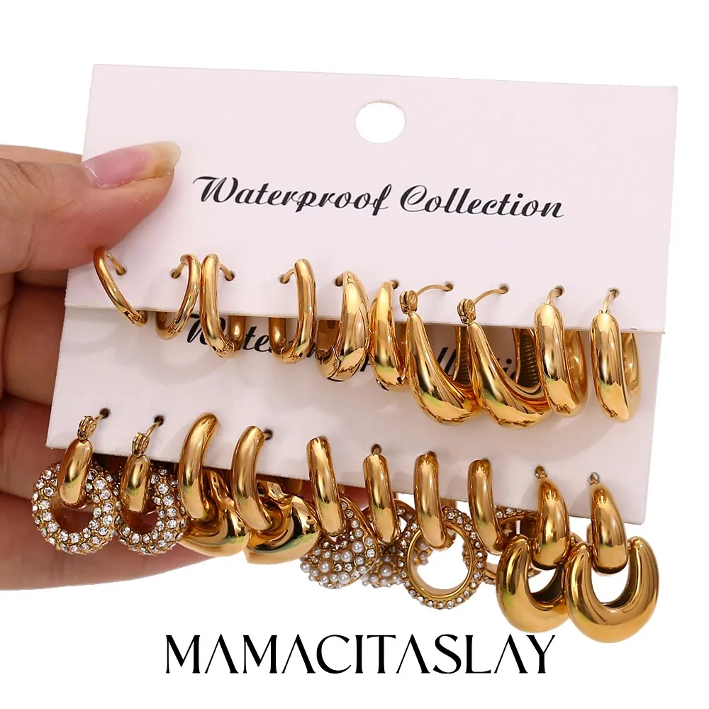 

MamacitaSlay Stainless Steel Zircon Tassel Earrings 5PCS Design Waterproof Jewelry Set Women's Statement Earrings High Quality