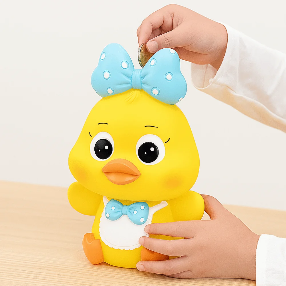 Skarbonka w kształcie małej żółtej kaczki, odporna na upadki, dekoracyjna, kreskówkowa, kolekcjonerska, o dużej pojemności.