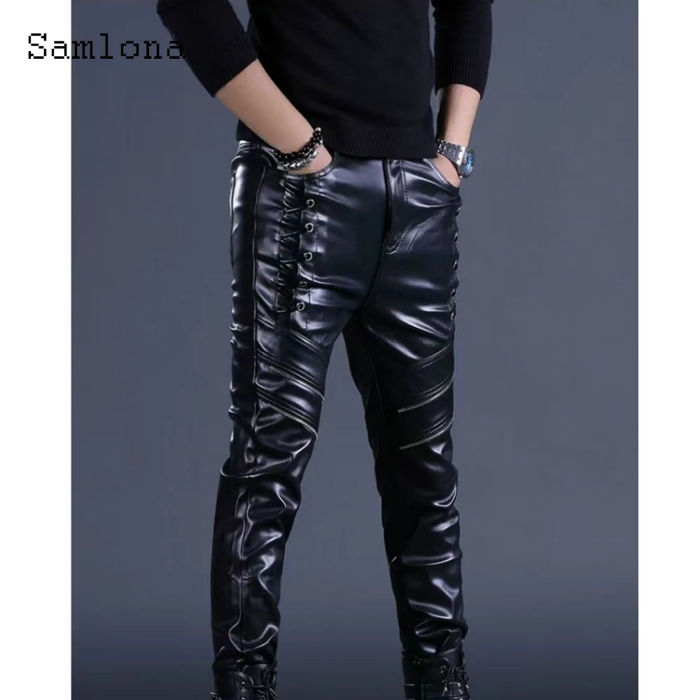 

2025 European Style PU Leather Pants Sexy Night Club Dance Pants Men Fashion Lace-up Faux Leather Slim Motorcycle Trouser New