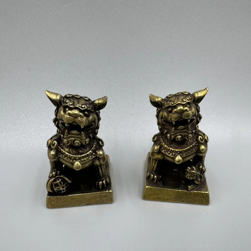 Antique Collectible Bronze Pair Ornament, Pure Brass Lion Seal Decorative Craft