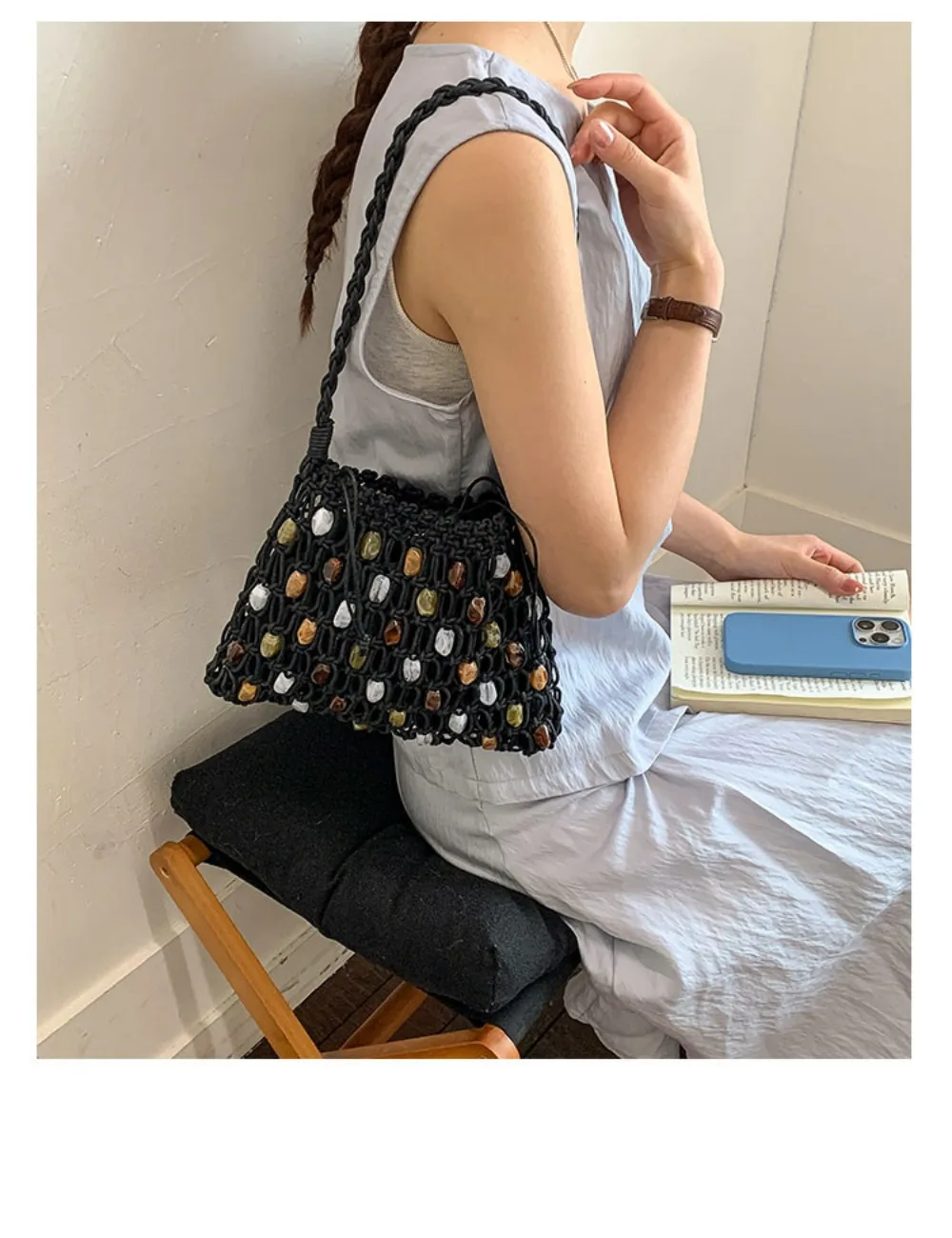 Neue Hohle Gewebte Perlen-Schultertasche Böhmische Sommer-Perlen-Gewebte Tasche Große Kapazität Bunte Crossbody-Strandtasche Einkaufstasche – Detail 8