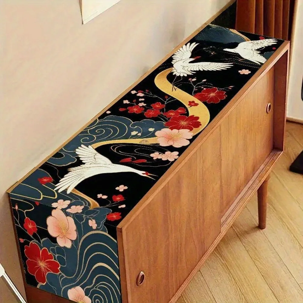 1 Piece of Elegant Japanese-Style Table Runner with Swan and Floral Prints, Suitable for Farmhouse, Indoor, Kitchen, Celebrations, Table Decoration, Restaurant, and Banquet Decoration Supplies