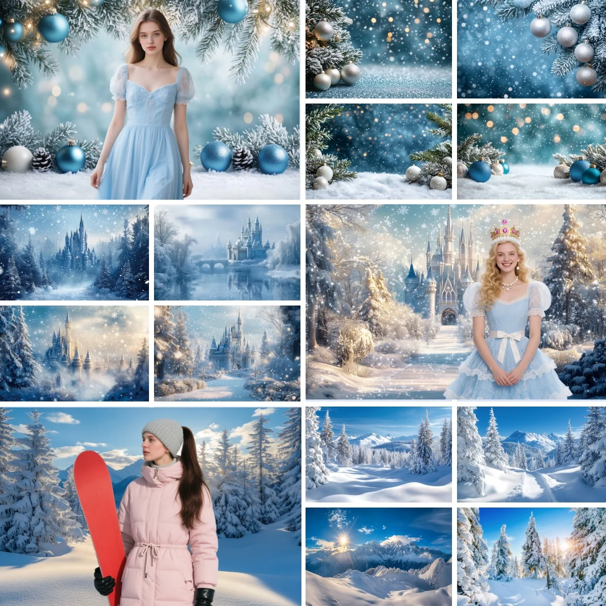 Christmas Photography Backdrop Forest Winter Snow Castle Pine Tree Adult Girl Winter Party Portrait Decor Photo Background Props