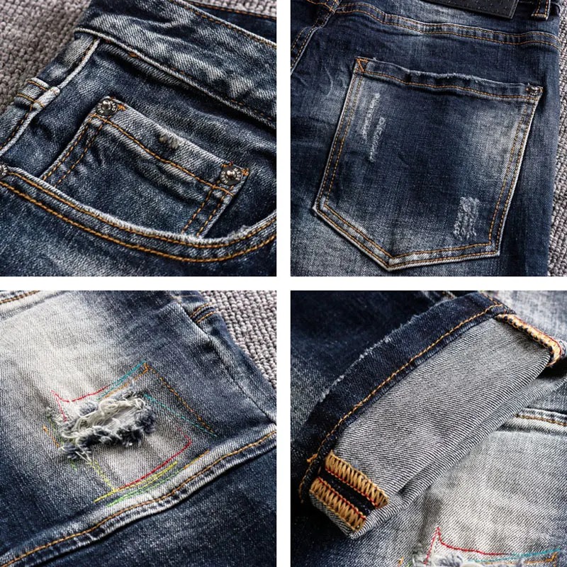 Street Fashion Men Jeans Retro Black Blue Stretch Spliced Slim Ripped Jeans Men Embroidery Designer Hip Hop Vintage Denim Pants