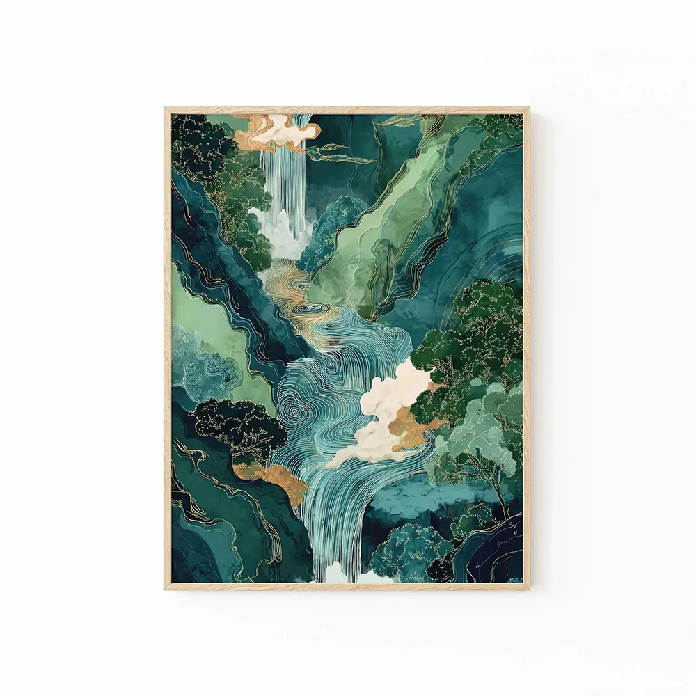 Japanese Waterfall Art Print Ukiyo-e | Blue-Green Japanese Home Decor | Living Room Wall arts Decor, No Frame