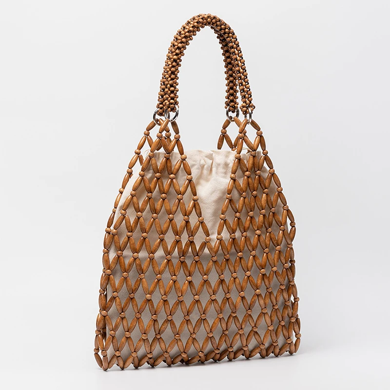 

Европейская и американская сумка через плечо в отпускном стиле с бусинами, 2-в-1, ручной работы, из деревянных бусин, плетеная, сумка-ведро с вырезами