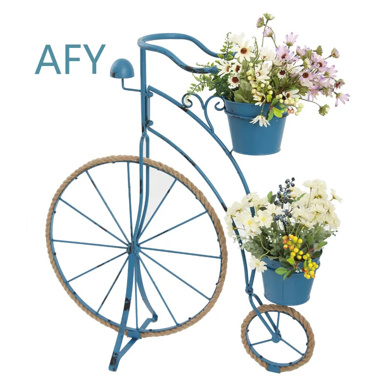 Rural Retro Creative Hemp Rope Wrought Iron Bicycle Shape Flower Stand for Home Decor Garden Window Display Grocery Store