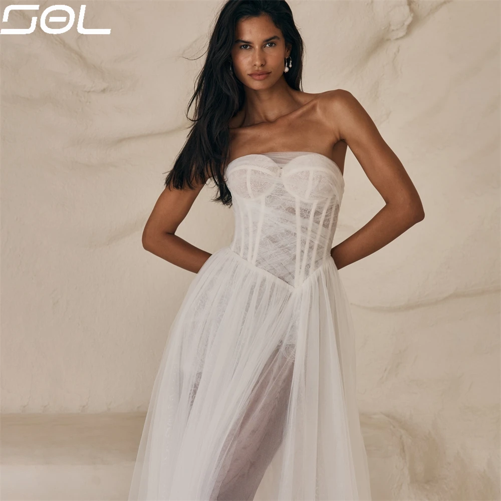 SOL-Strapless Illusion Backless Vestidos de casamento, fenda lateral alta, vestidos de noiva até o chão, simples e elegante, casamento