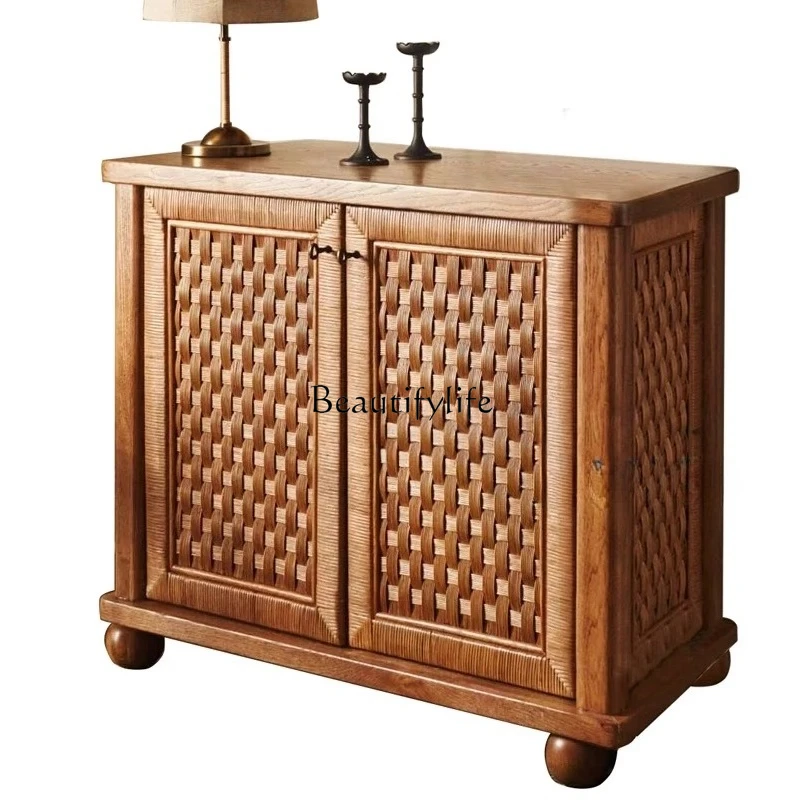 

American rural solid wood dining side cabinet retro and old rattan living room entrance locker