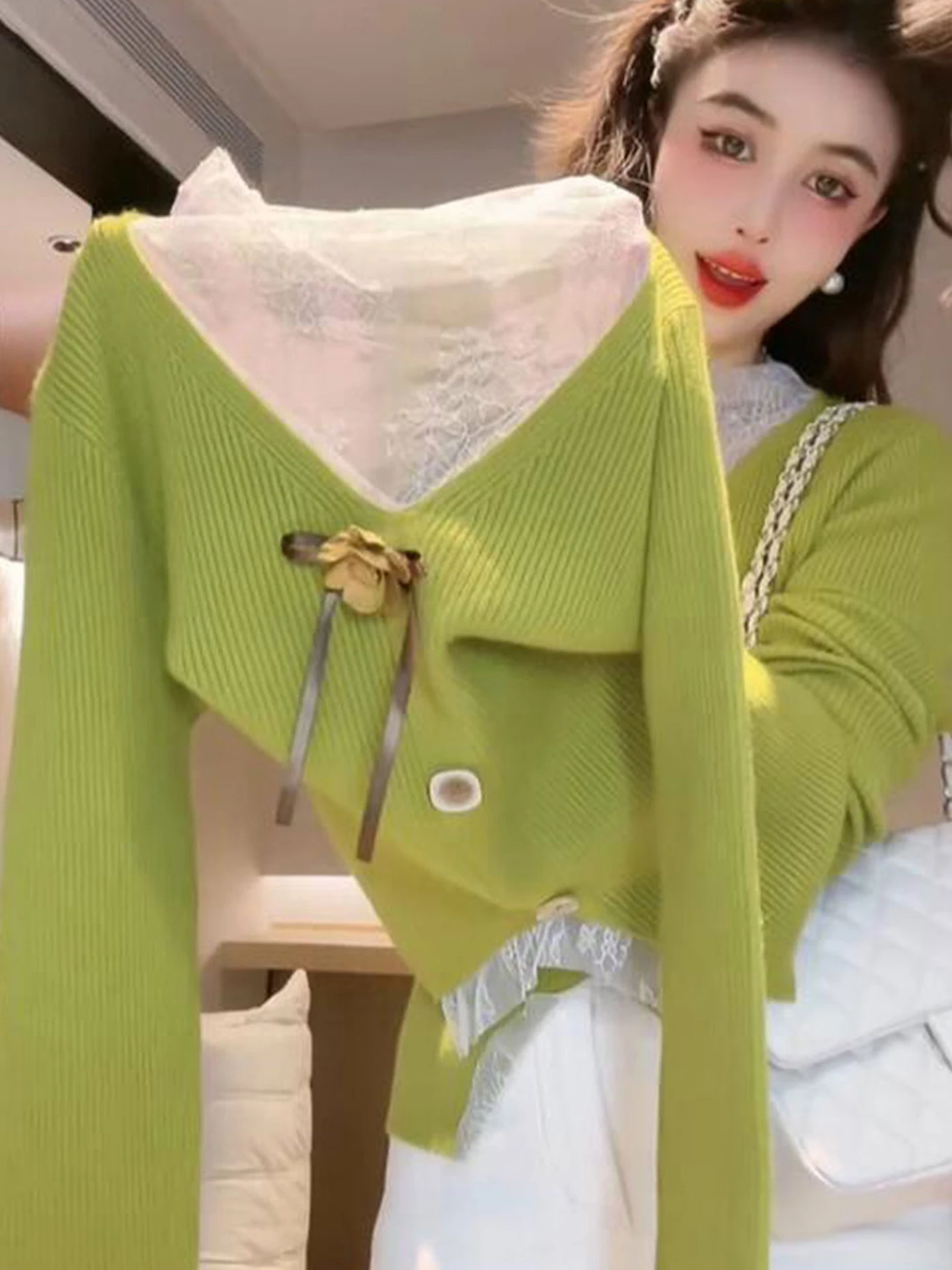 Ele Lace Splice Knitted Long Sve Women's Top Faionable Autumn Winter Base irt Commute Sle Straight Cut Korean Ve...