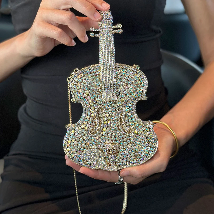 

Lady Violin Shaped Crystal Evening Bag Clutch Purse Full Crystals Bridal Rhinestones Handbags Female Wedding Chains Shoulder Bag