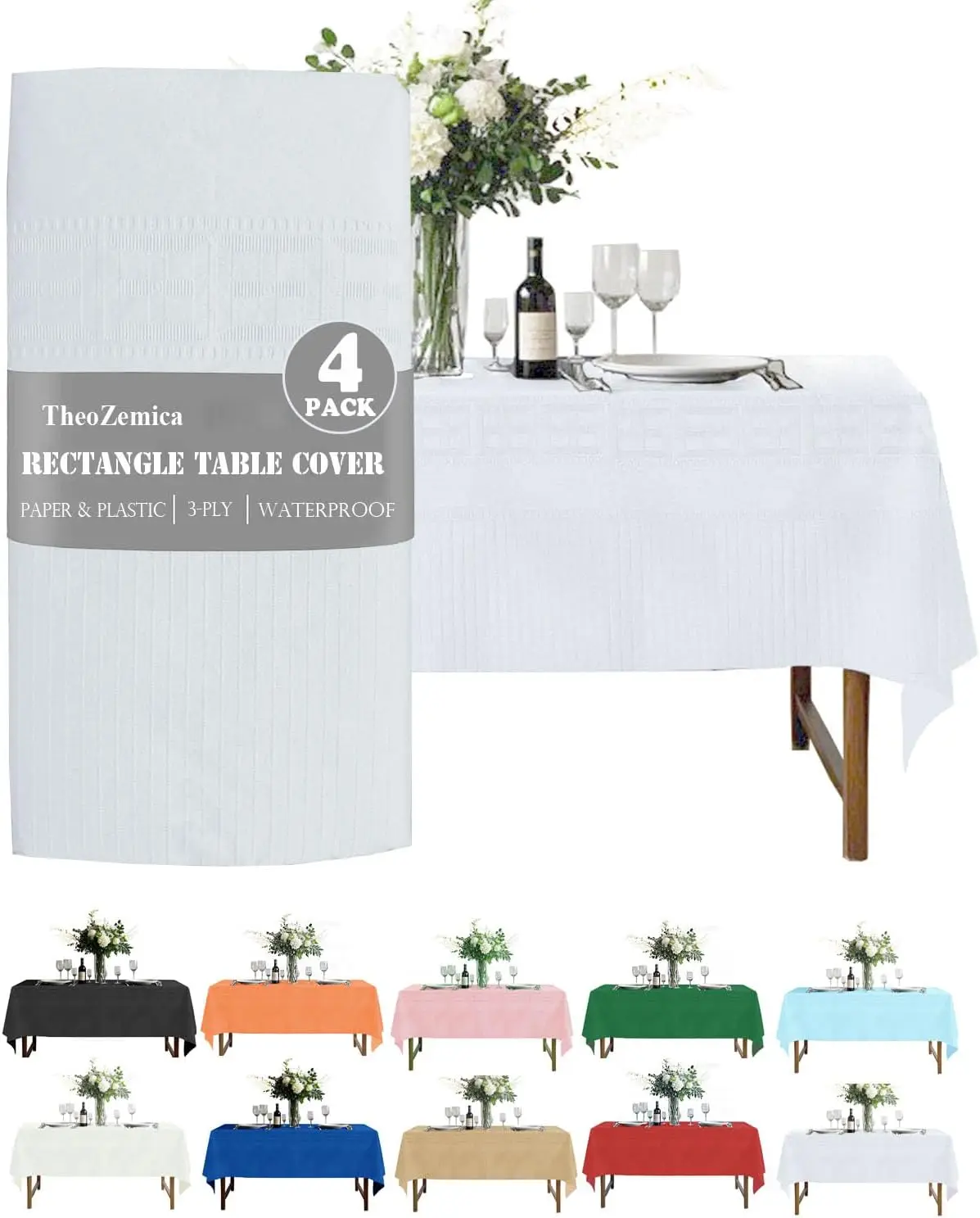 White Paper Table Cover 4 Pack, 54x108 Inch Rectangular, Waterproof 3 Ply for Parties, Weddings, Christmas