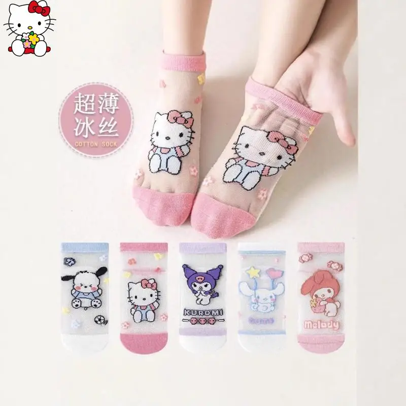 

Sanrio Girl Hello Kitty Kuromi Ice Stockings Kawaii Cartoon Summer Thin Anime New Cotton Socks Breathable Soft and Fashionable
