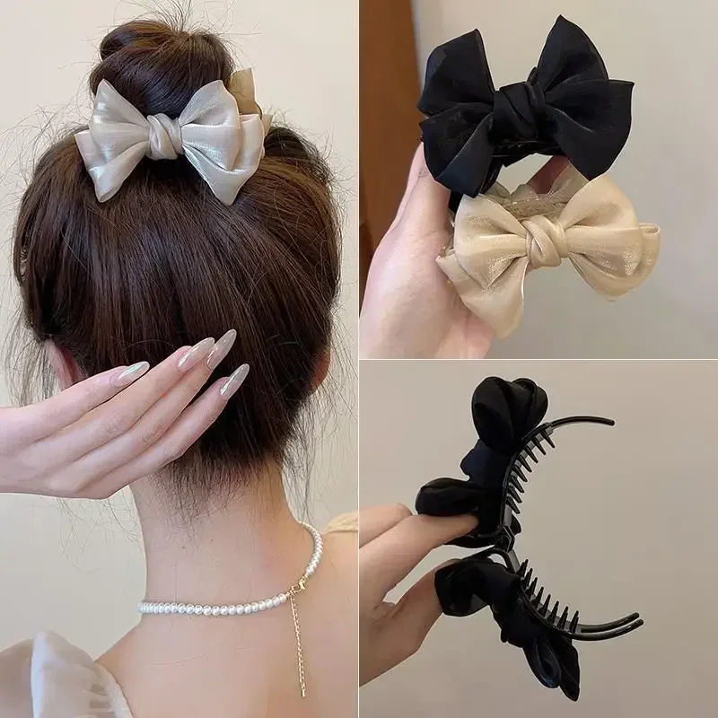 Sweet Bow Tie Hair Claw Clip Velvet Ponytail Fixed Large Hair Clip Elegant Women Solid Color Headwear Accessories Gift for Girls