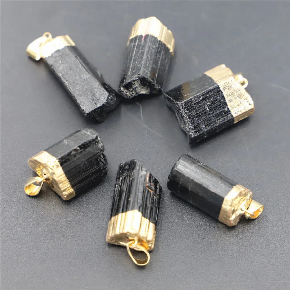 Natural Stone Crystal Black Tourmaline Pendant Necklace Raw Gold Plated Reiki Healing Irregular Druzy Jewelry for Women 10PCS