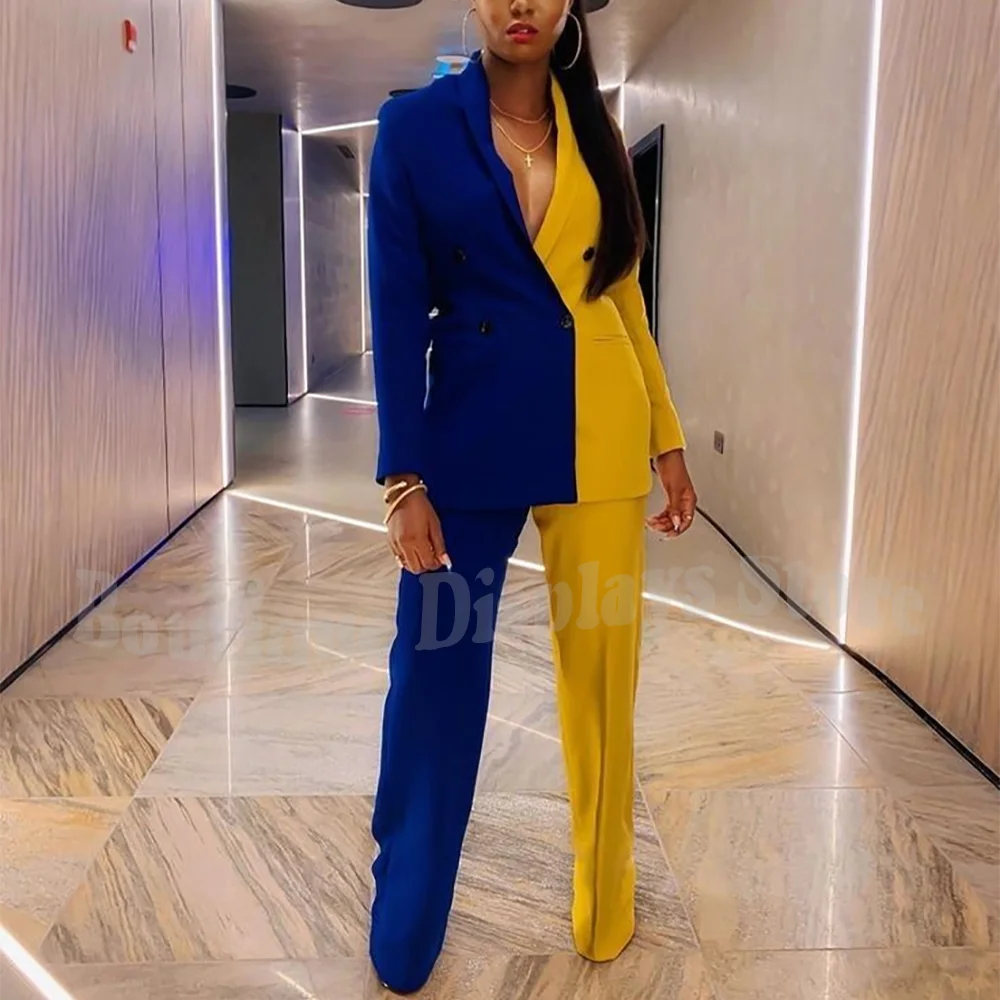 New Fashion Women's Suit Two Pieces Elegant Shawl Lapel Contrast Color Blazer Set Double Breasted Customized Jacket Pants
