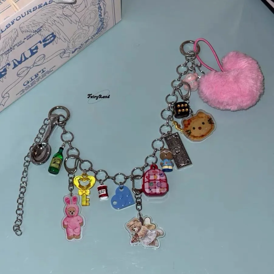 New Edgy Maximalist Waist Chain Multi-use Jeans Accessory Multi-element Plush Bag Hanging Charm for Women