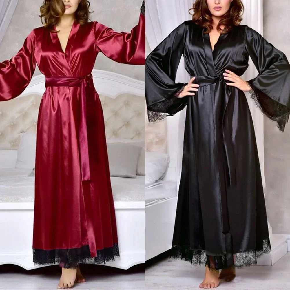 Women Silk Satin Sexy Long Bathrobe Lace Edge Nightdress Kimono Robe Romance Nightgown Nightwear Sleepwear Home Clothes